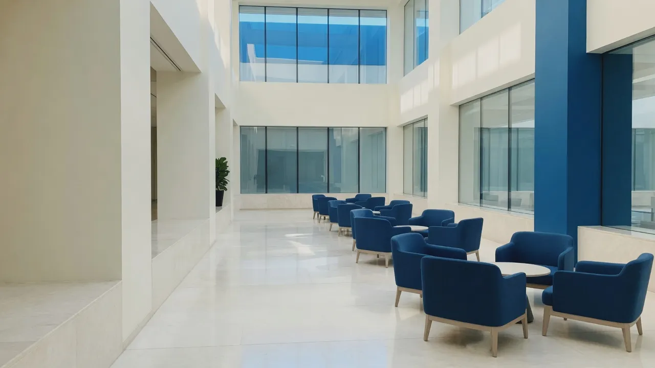 A sunlit conference lounge set with seating pods of three