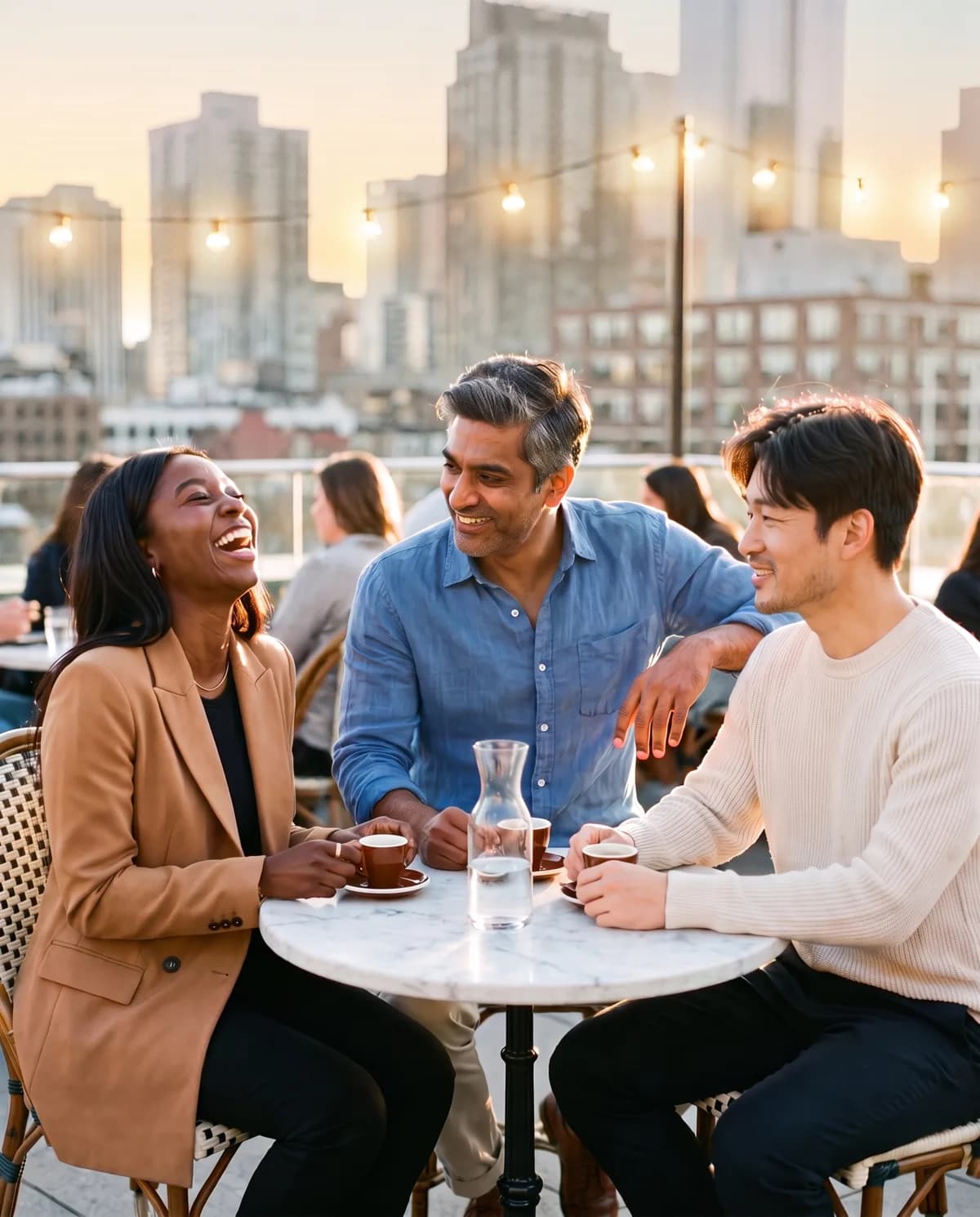 Three people laughing together around a small café table on a city rooftop at golden hour