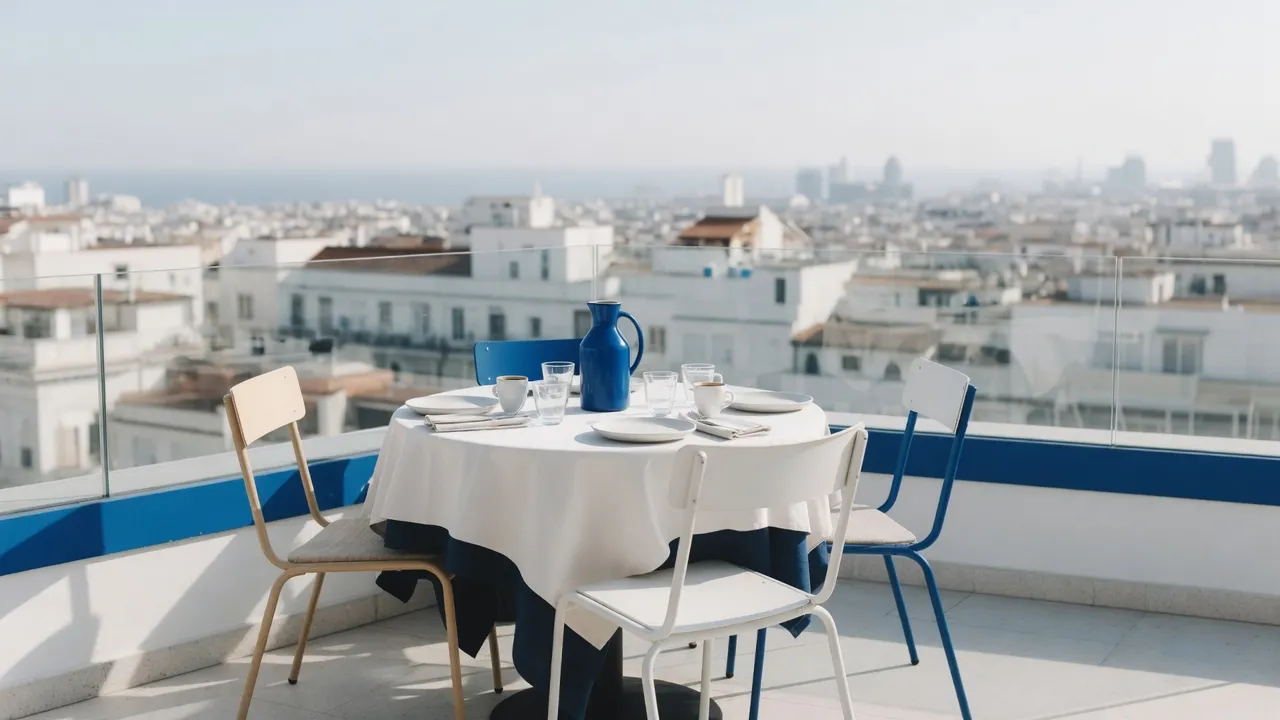 A rooftop café table for three above the city